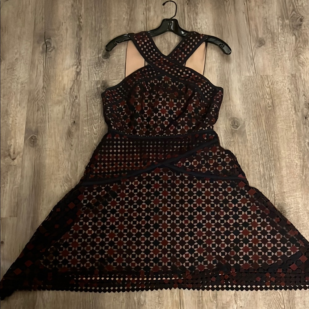 Bcbgmaxazria Halter Navy Blue, Purple Lace Patterned Midi Dress, Fully Line